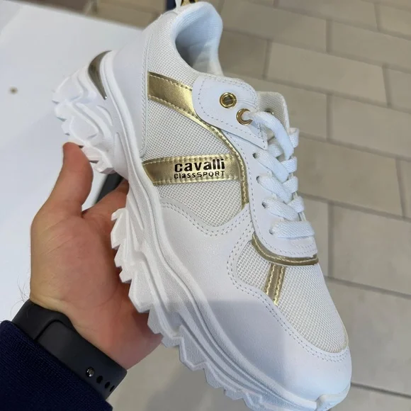 Cavalli Class White Sneakers with Gold Highlights - Picture 5 of 9